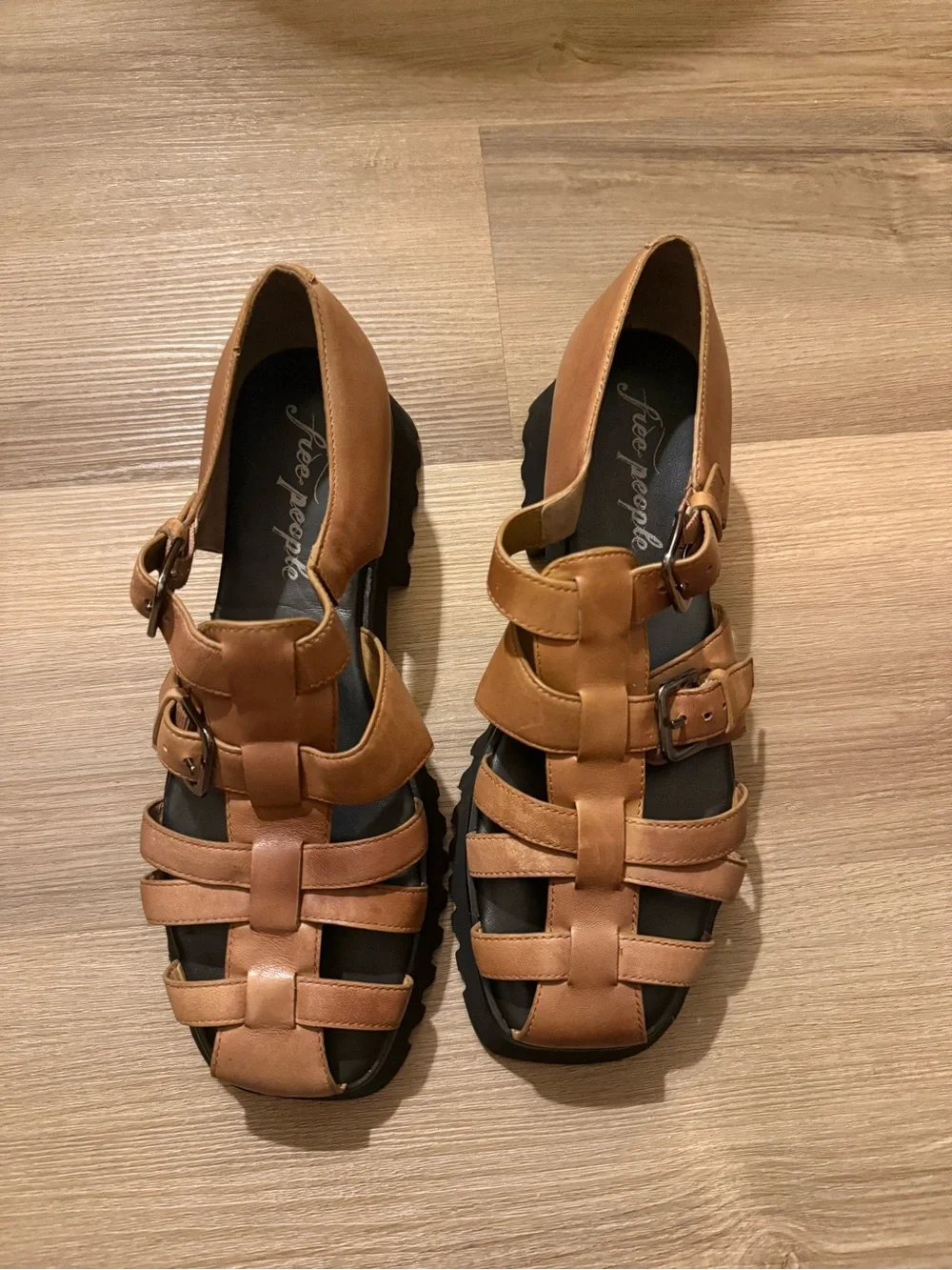 Free People Cognac Leather Buckle Fisherman Sandals